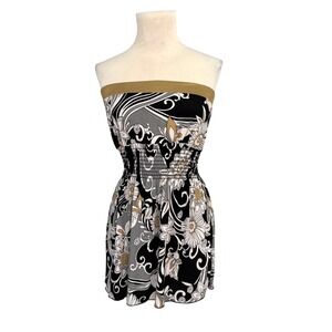 MKM Designs Women's Strapless Floral Paisley Smocked Y2K Top Black Gold‎ Medium